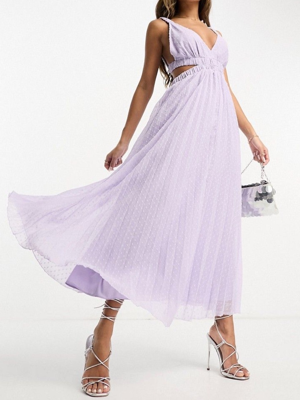 NWT ASOS Size 14 Lilac Deep Plunge Pleated Maxi Dress Open Back